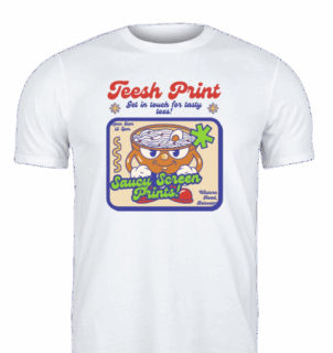 White custom T-shirt with a retro-style digital print design featuring 'Teesh Print' text, a playful noodle-themed graphic, and 'Saucy Screen Prints' branding.