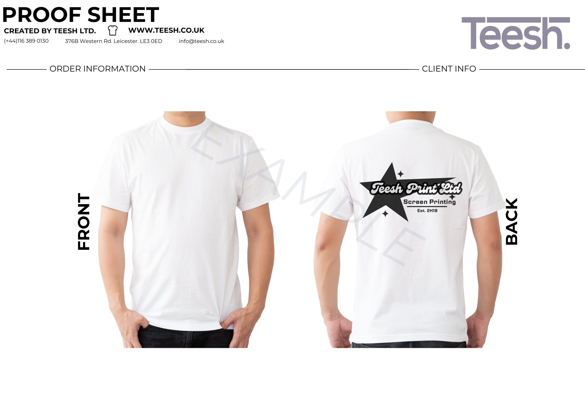 an example proof sheet of a white t shirt for a uniform printing job