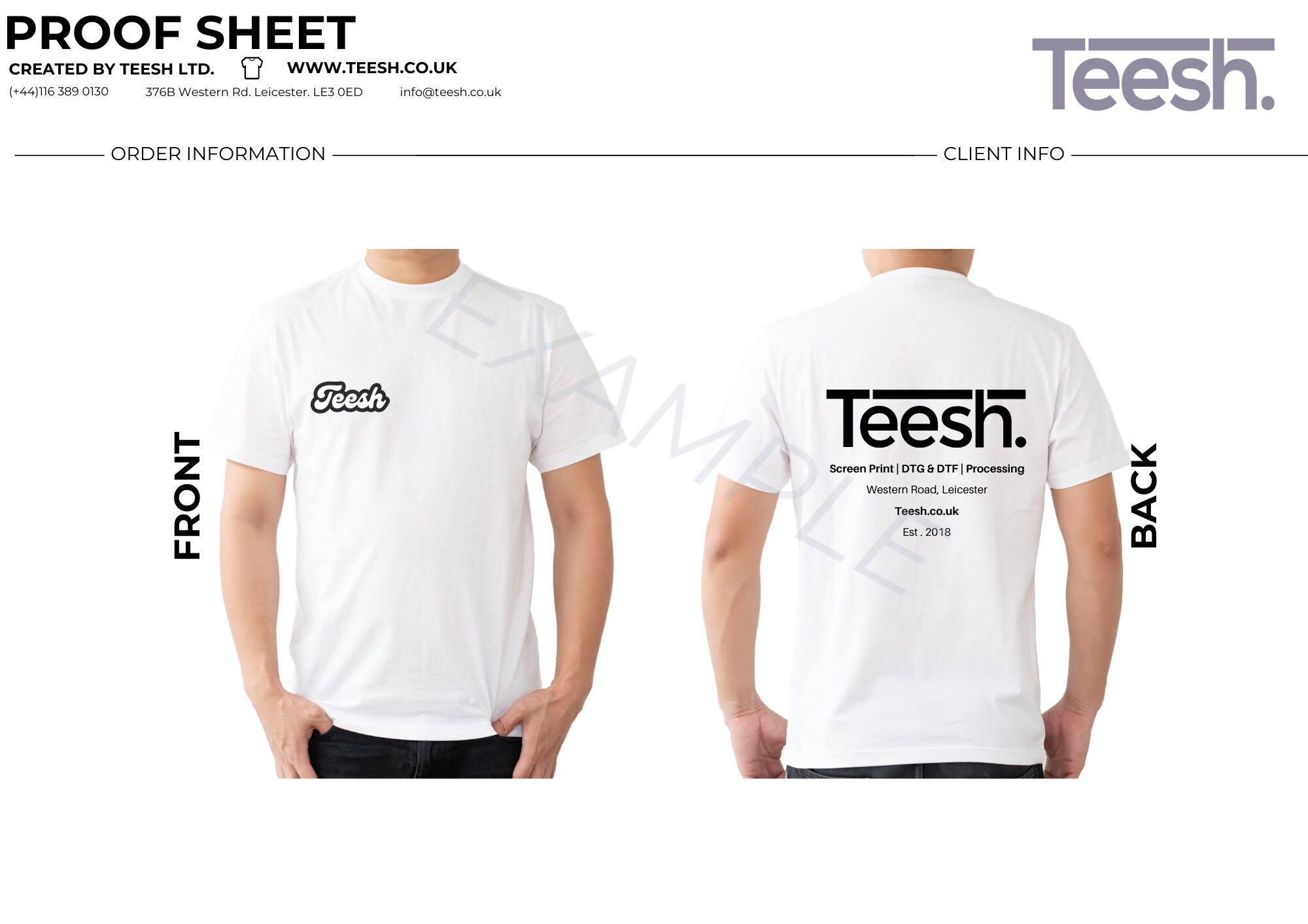 an example proof sheet of a white t shirt for a uniform printing job