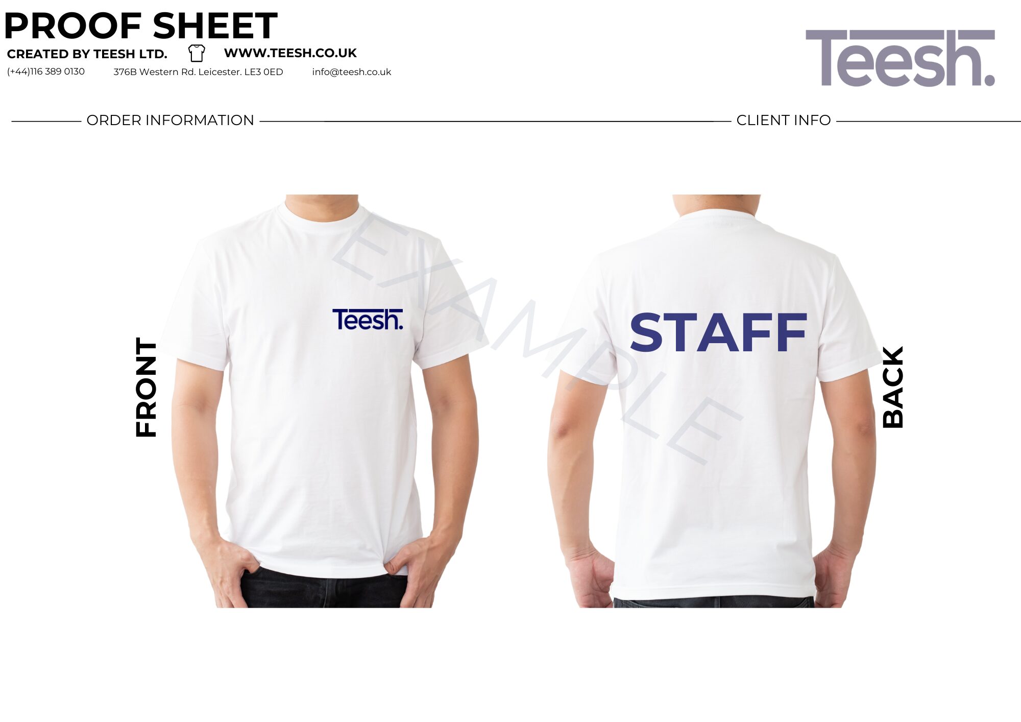 a proof sheet example of two white staff uniform t shirt mockups