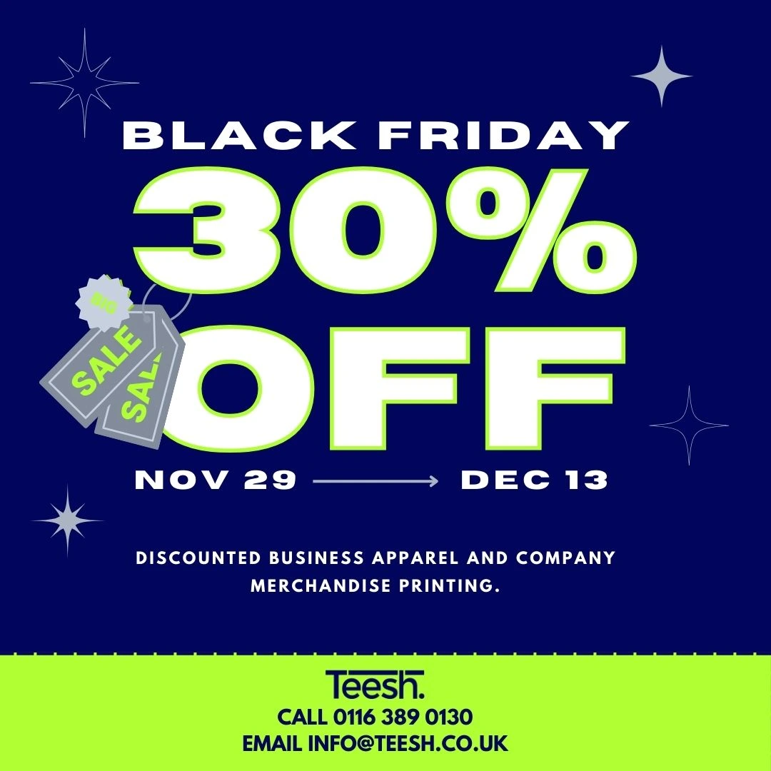 a blue and green advertisement with white text offering thirty percent off printed business apparel