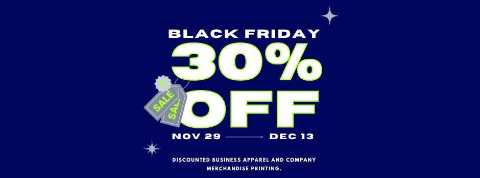 a blue and green advertisement with white text offering thirty percent off printed business apparel