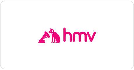 pink hmv logo on a white background.