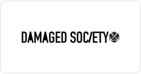 black text that reads 'damaged scoiety' in capital letters with an emblem on a white background.