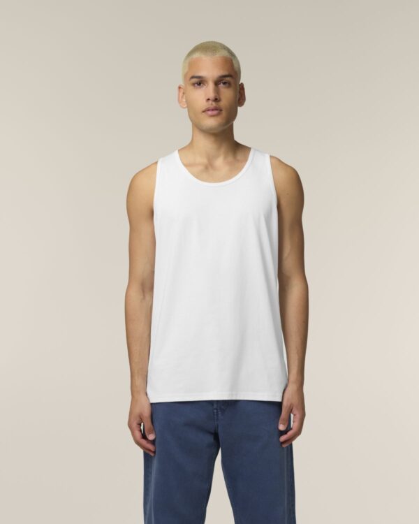 person wearing stanley stella stancer white tank top.