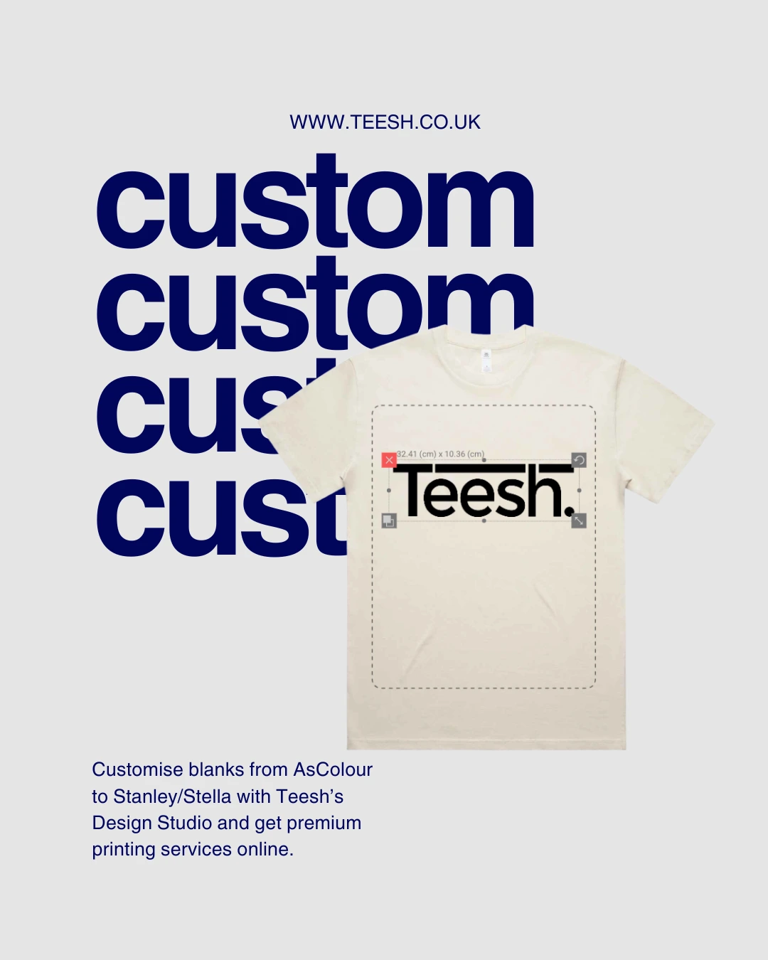 Promotional graphic for Teesh custom garment printing. A cream T-shirt is displayed with a mockup design interface showing the word 