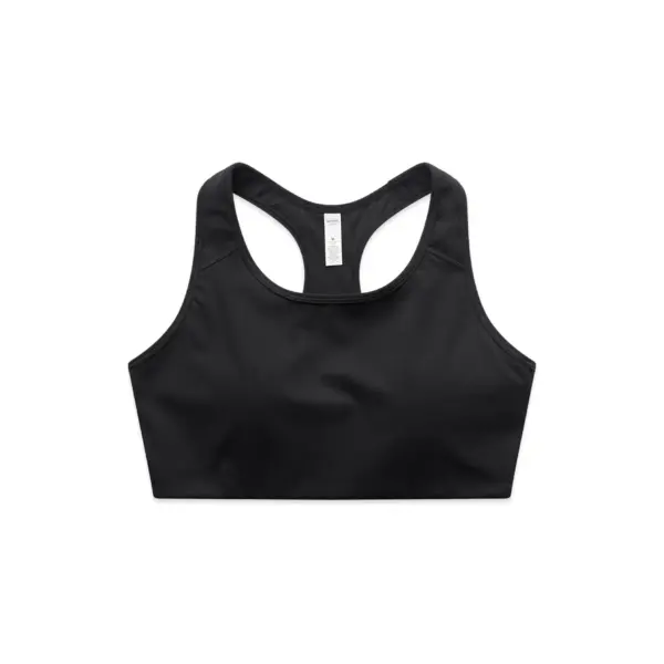 Black racerback sports bra with smooth fabric and supportive design for workouts.