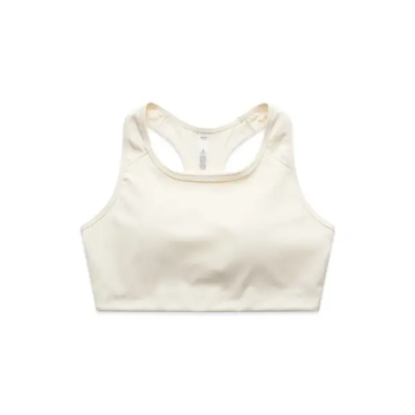 Cream coloured racerback sports bra with minimal design and moisture-wicking fabric.