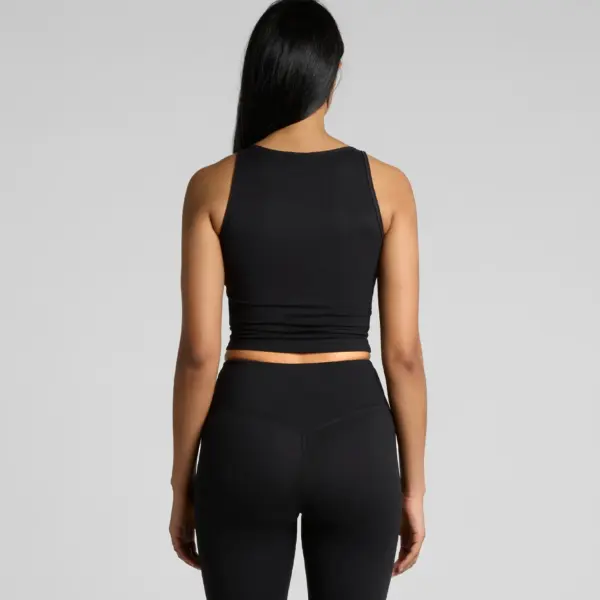 ack view of black workout crop tank top with high-waisted athletic leggings, activewear set on neutral background