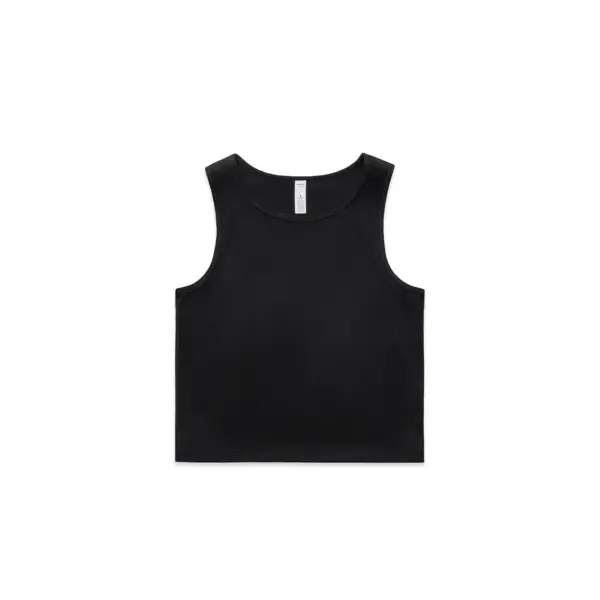 Black athletic crop tank with brand tag visible, performance activewear top on white background