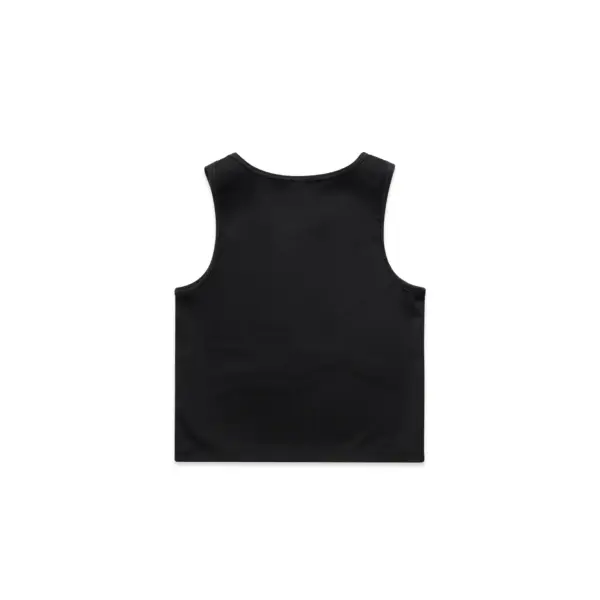 Black sleeveless workout crop top laid flat, minimal athletic wear on white background