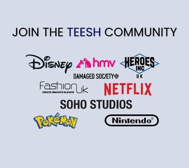 a collection of logos of businesses: disney, hmv, heroes inc, fashion uk, netflix, soho studios, damaged society, pokemon and nintendo underneath text that reads "join the teesh community".