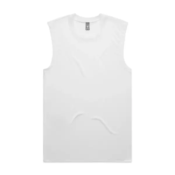 White active polyester sleeveless shirt (muscle tank) displayed flat against a white background. The shirt has a crew neck collar, finished armholes, and a small brand tag visible at the neckline.