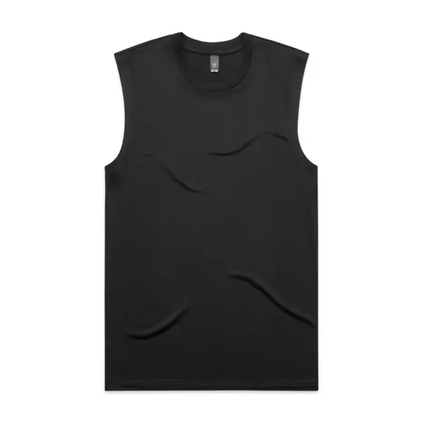 Black sleeveless active shirt (muscle tank) displayed flat against a white background. The shirt has a crew neck collar, finished armholes, and a small brand tag visible at the neckline.