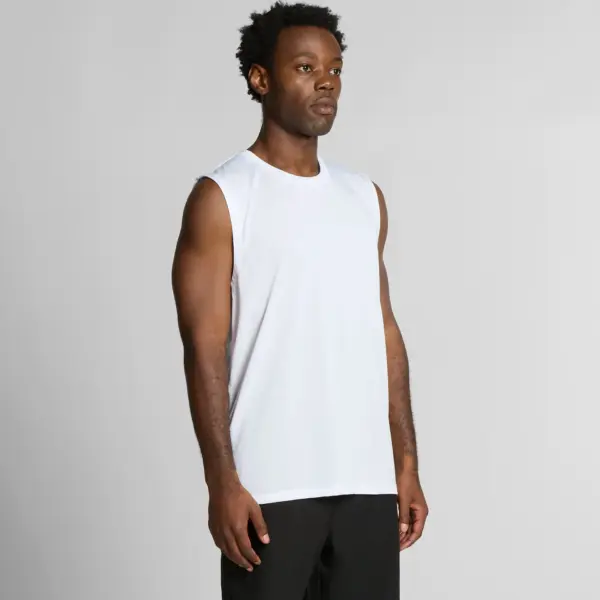 A three-quarter angled view of a person wearing a white sleeveless athletic shirt and black shorts, standing against a light grey background.