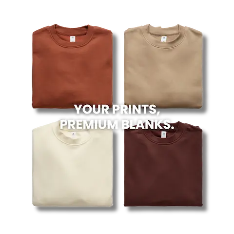 Four neatly folded ascolour sweatshirts with white overlay text that reads "your prints, premium blanks."