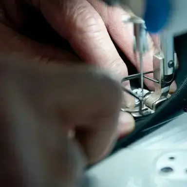 Close-up of hands operating an industrial sewing machine. The image shows fingers guiding a black fabric through the machine's needle area. The metal presser foot and part of the machine's base are visible, highlighting the precision required in textile manufacturing.
